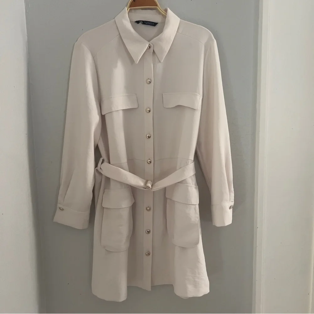 ZARA Women’s XL Gold Button Utility Belted Shirt Dress Ivory Cream Butter White - Picture 4 of 13